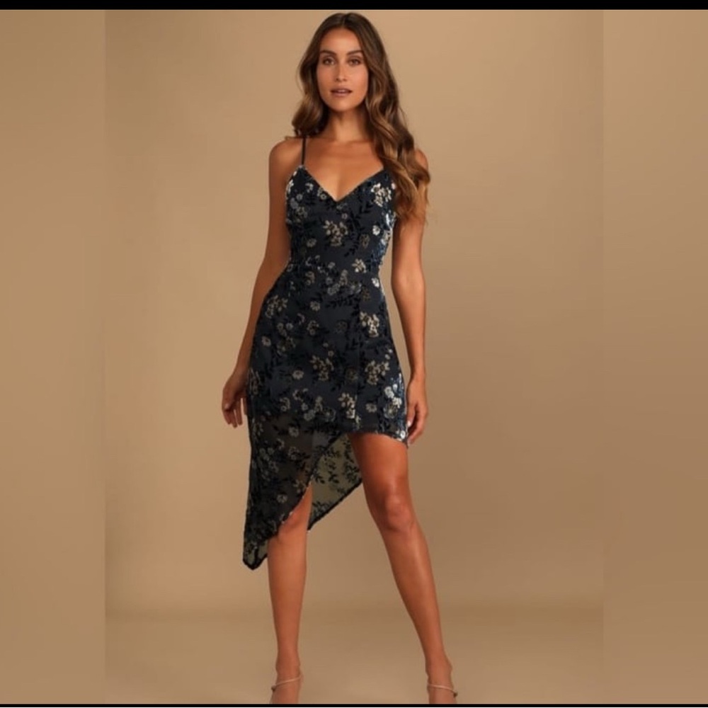Evenings with You Dark Teal Floral Velvet Asymmetrical Dress